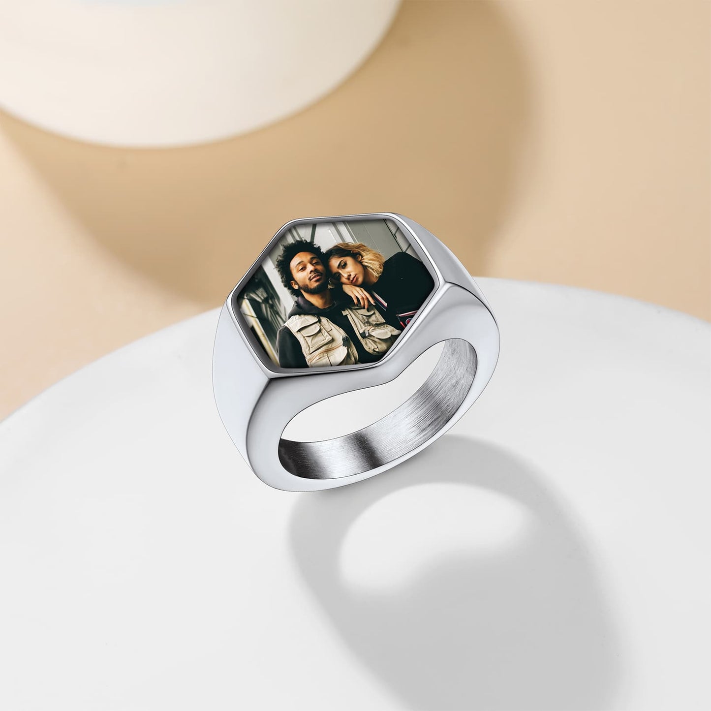 Custom4U Hexagon Signet Ring with Photo Steel