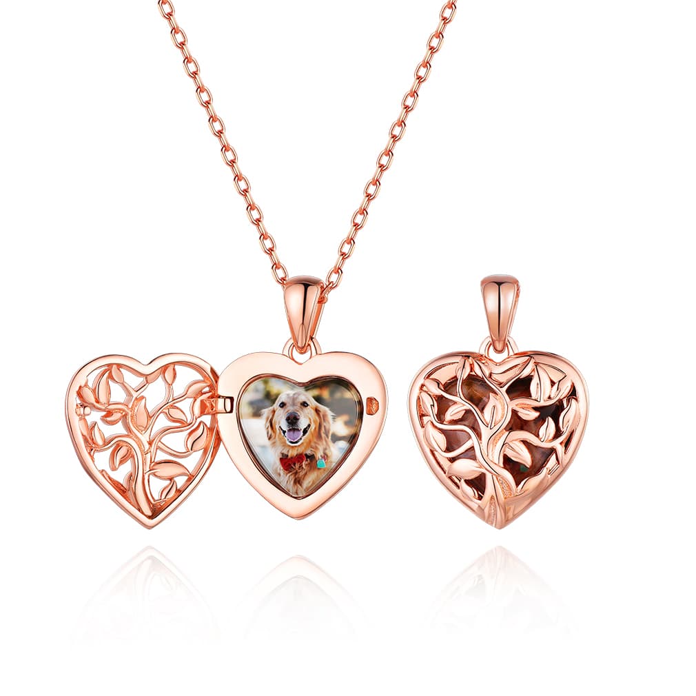 Custom4U Hollow Tree Locket Necklace with Picture Rose Gold