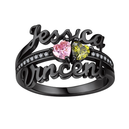 Custom4U Personalized 2 Stone Birthstone Name Ring Black