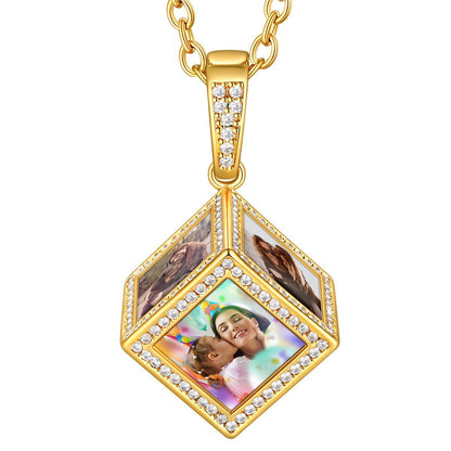 Custom4U Personalized 5 Sided Cube Picture Necklace Gold