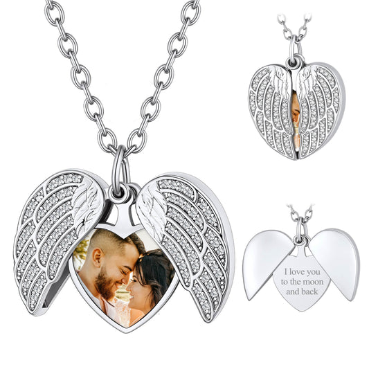 Custom4U Personalized Angel Wings Heart Locket Necklace with Picture For Women