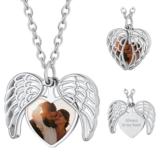 Custom4U Personalized Angel Wings Heart Locket Necklace with Picture