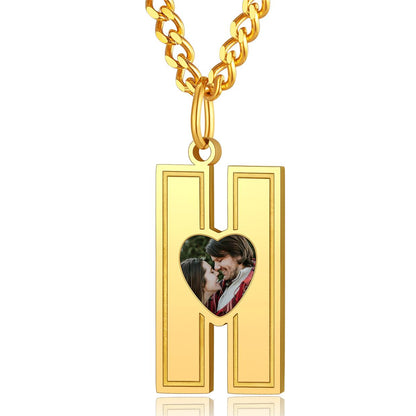 Custom4U Personalized Initial Necklace with Photo for Men Women