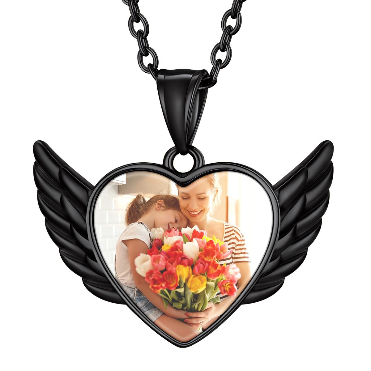 Custom4U Personalized Heart Angel Wings Picture Necklace Black
