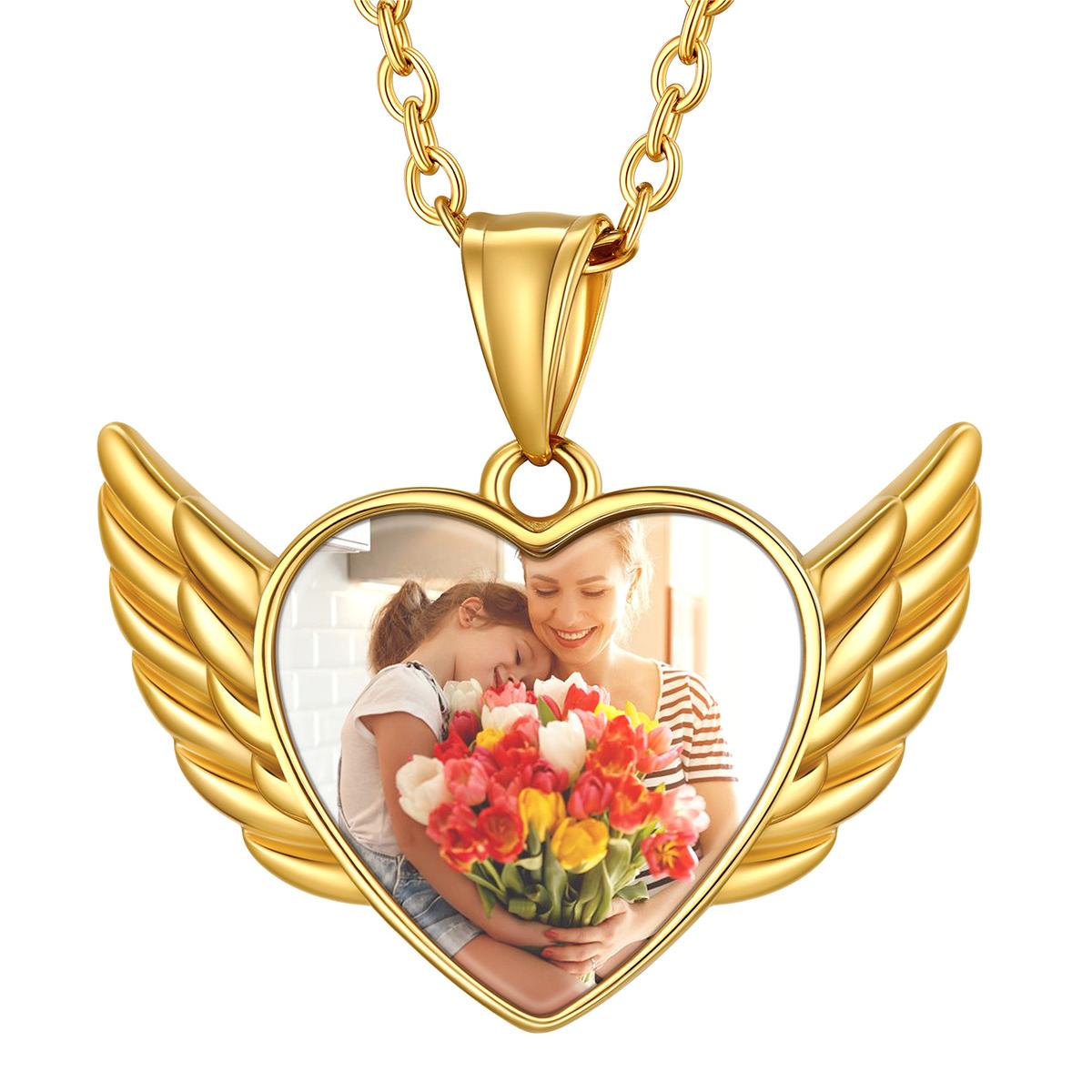 Custom4U Personalized Heart Angel Wings Picture Necklace Gold