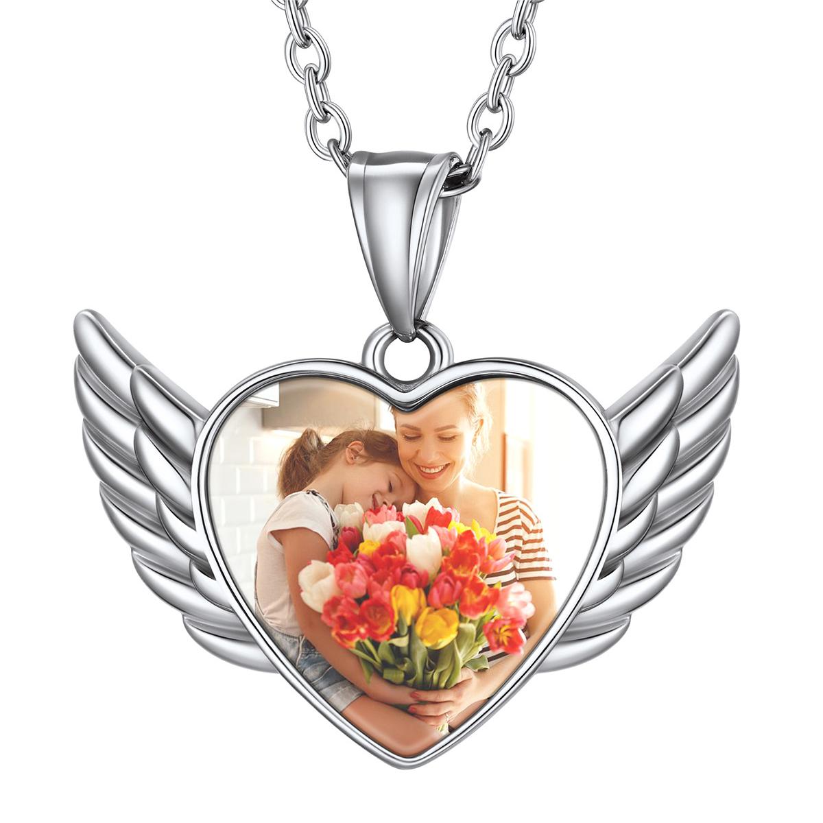 Custom4U Personalized Heart Angel Wings Picture Necklace Steel