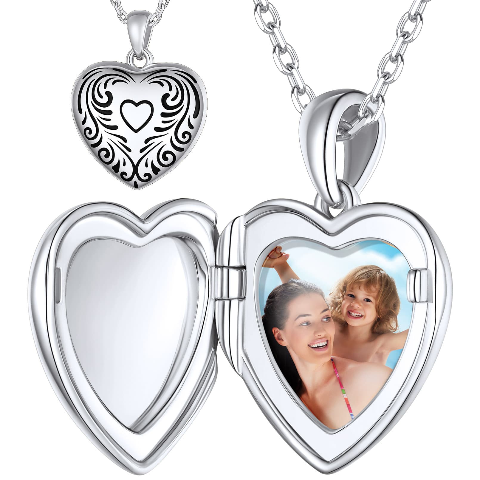 Custom4U Personalized Heart Photo Locket Pendant Necklace Silver