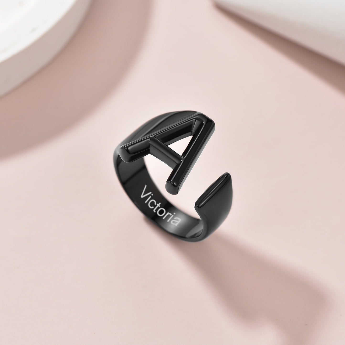 Custom4U Personalized Initial Adjustable Ring with Name Engraved Black