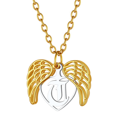 Custom4U Personalized Angel Wings Heart Locket Necklace with Single Initial