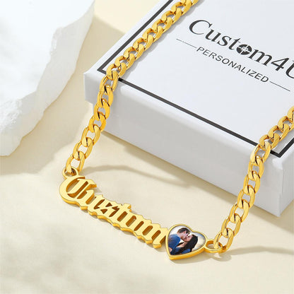 Custom4U Personalized Name Cuban Necklace with Photo Gold