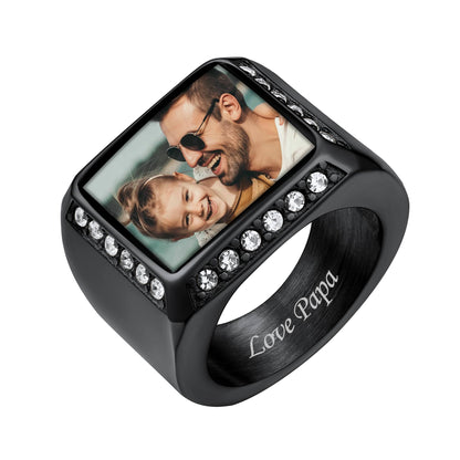 Custom4U Personalized Rectangle Photo Signet Ring With Picture Black