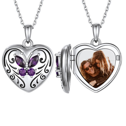 Custom4U Personalized Sterling Silver Heart Purple Butterfly Locket Photo Necklace