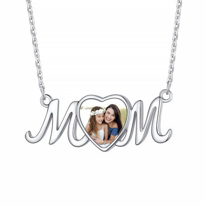 Custom4U Personalized Sterling Silver Mom Heart Photo Necklace
