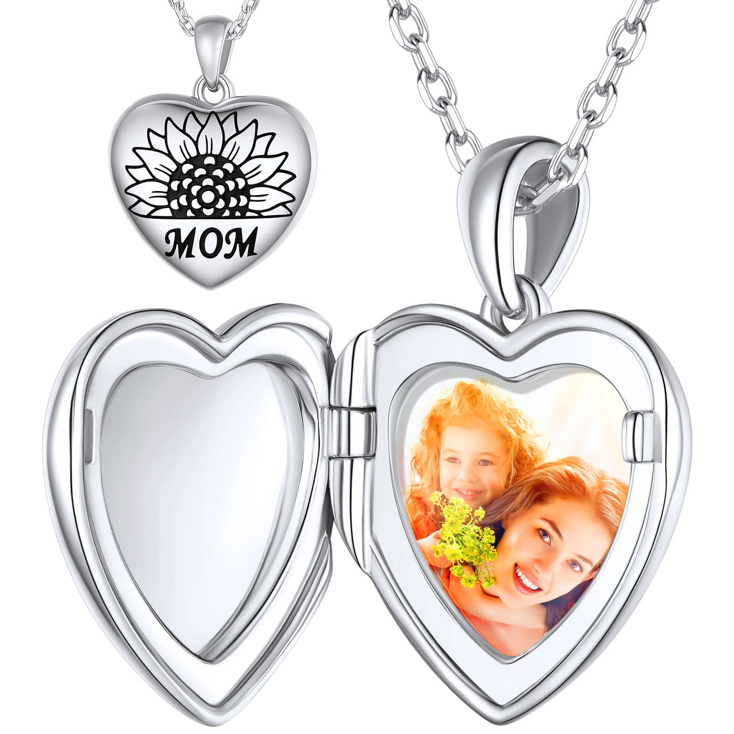 Custom4U Personalized Sunflower Heart Photo Locket Necklace Silver