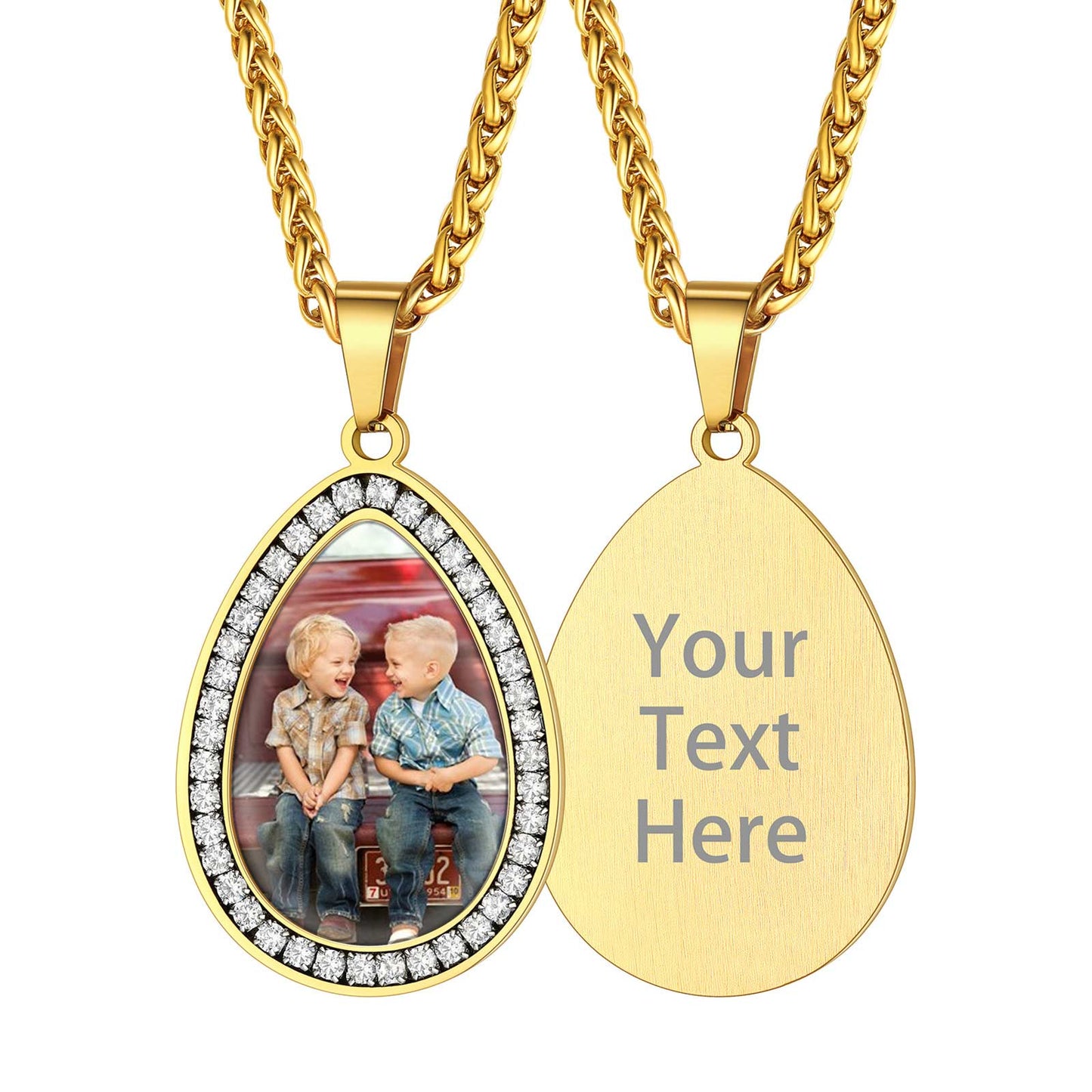 Custom4U Personalized Teardrop Picture Necklace With Cubic Zirconia Gold