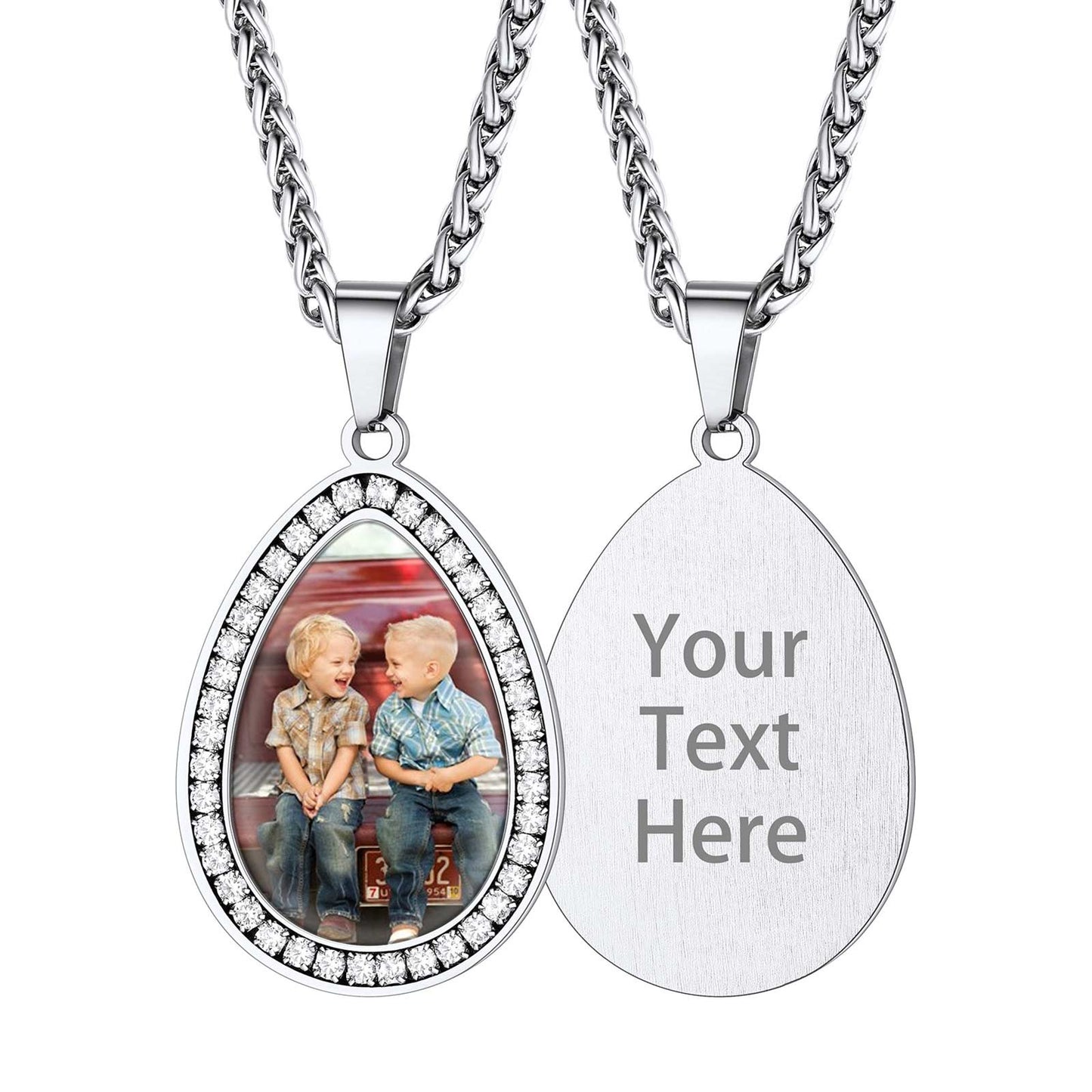Custom4U Personalized Teardrop Picture Necklace With Cubic Zirconia