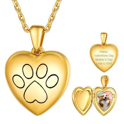 Custom4U Customized Picture Heart Dog Paw Print Locket Necklace