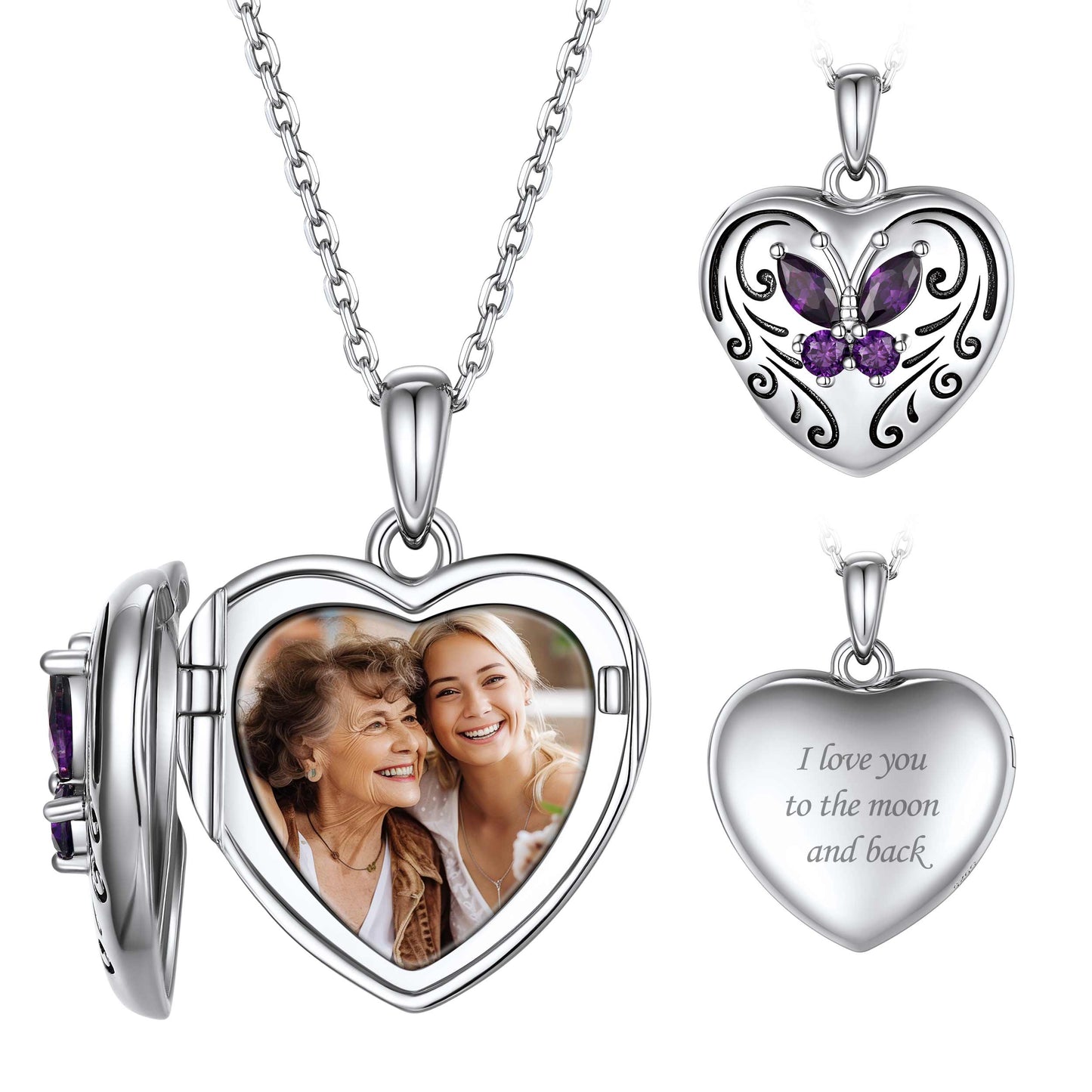 Custom4U Purple Butterfly Heart Locket Picture Necklace in 925 Sterling Silver