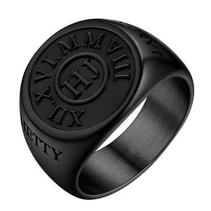 Custom4U Roman Numerals Round Signet Engraved Rings Black