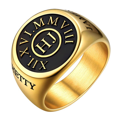  Custom4U Roman Numerals Round Signet Engraved Rings Gold