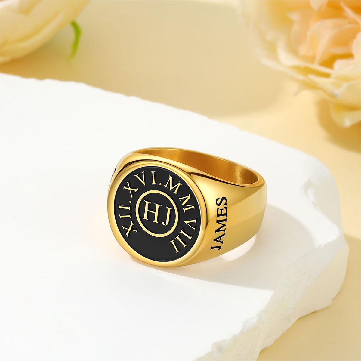 Custom4U Roman Numerals Round Signet Rings Gold