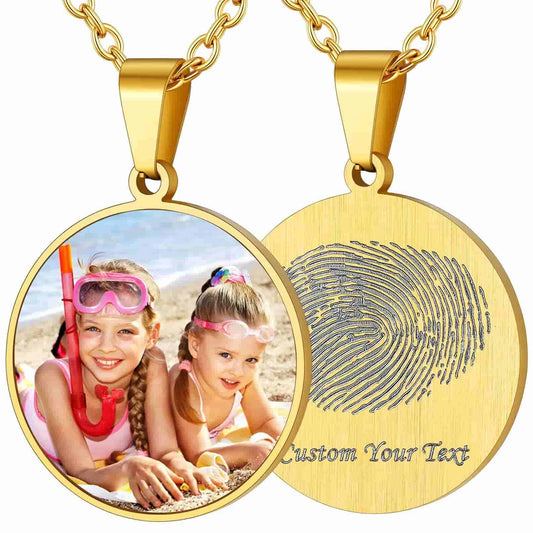 Custom4U Round Fingerprint Necklace with Photo Gold