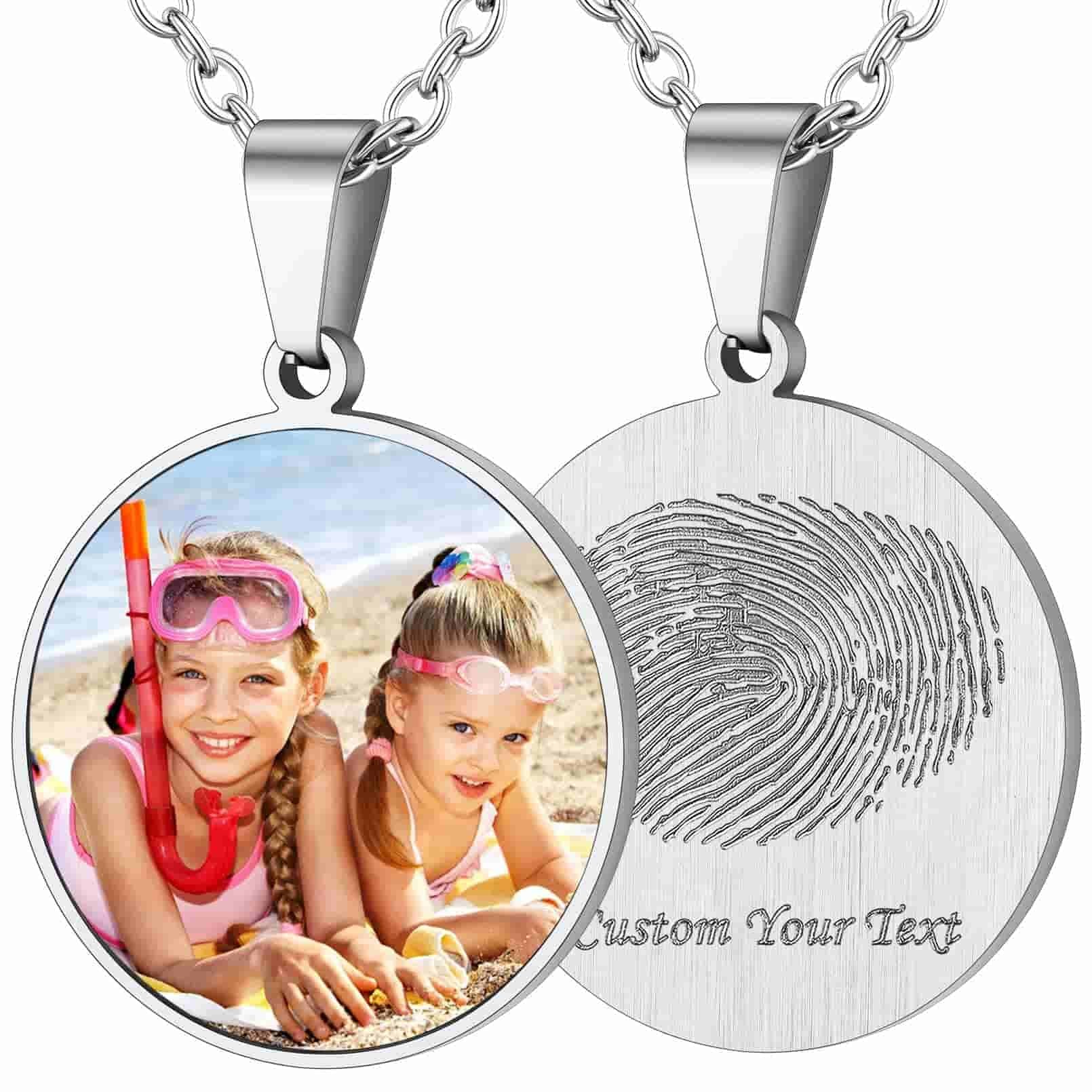 Custom4U Round Fingerprint Necklace with Photo Steel
