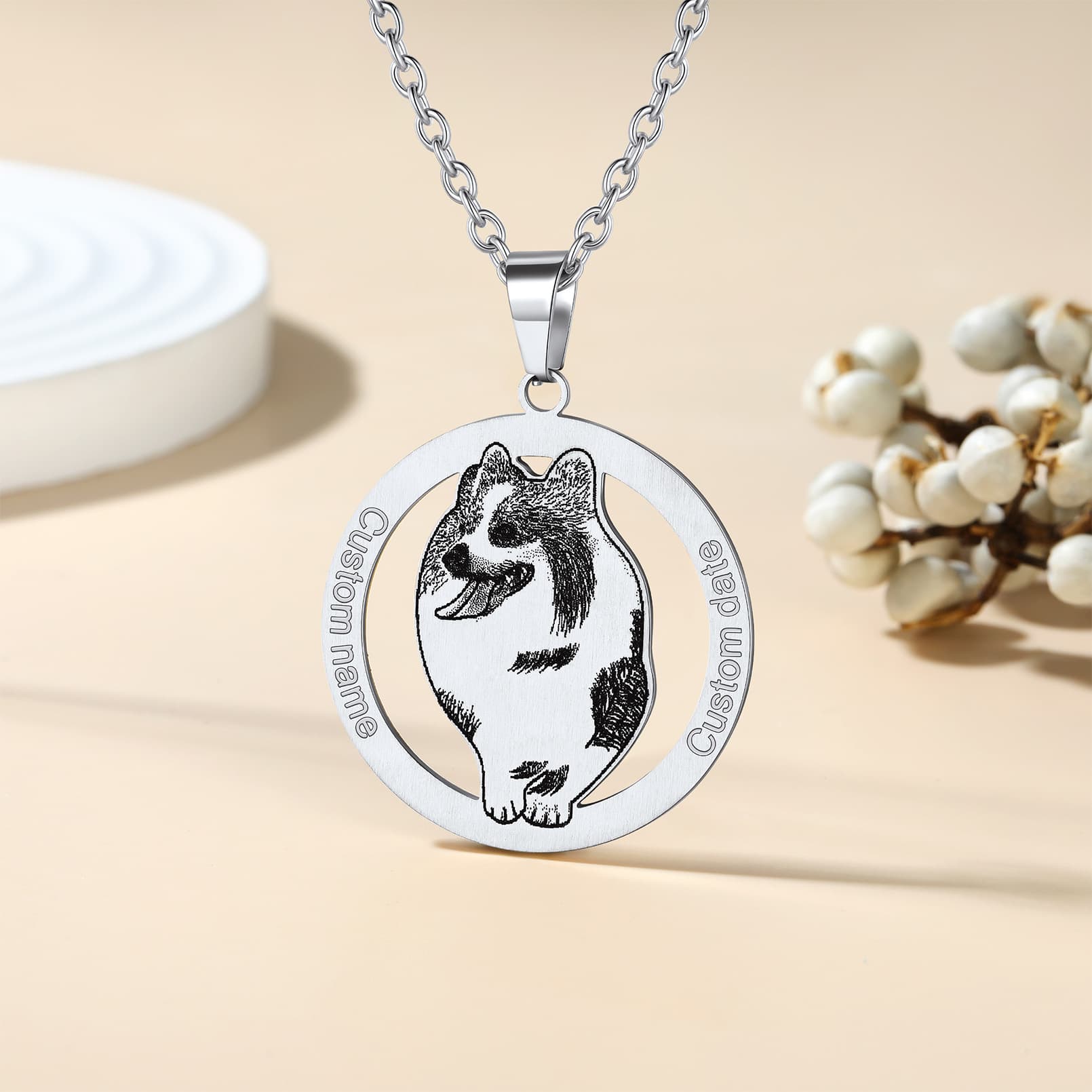 Custom4U Round Pet Portrait Necklace Steel