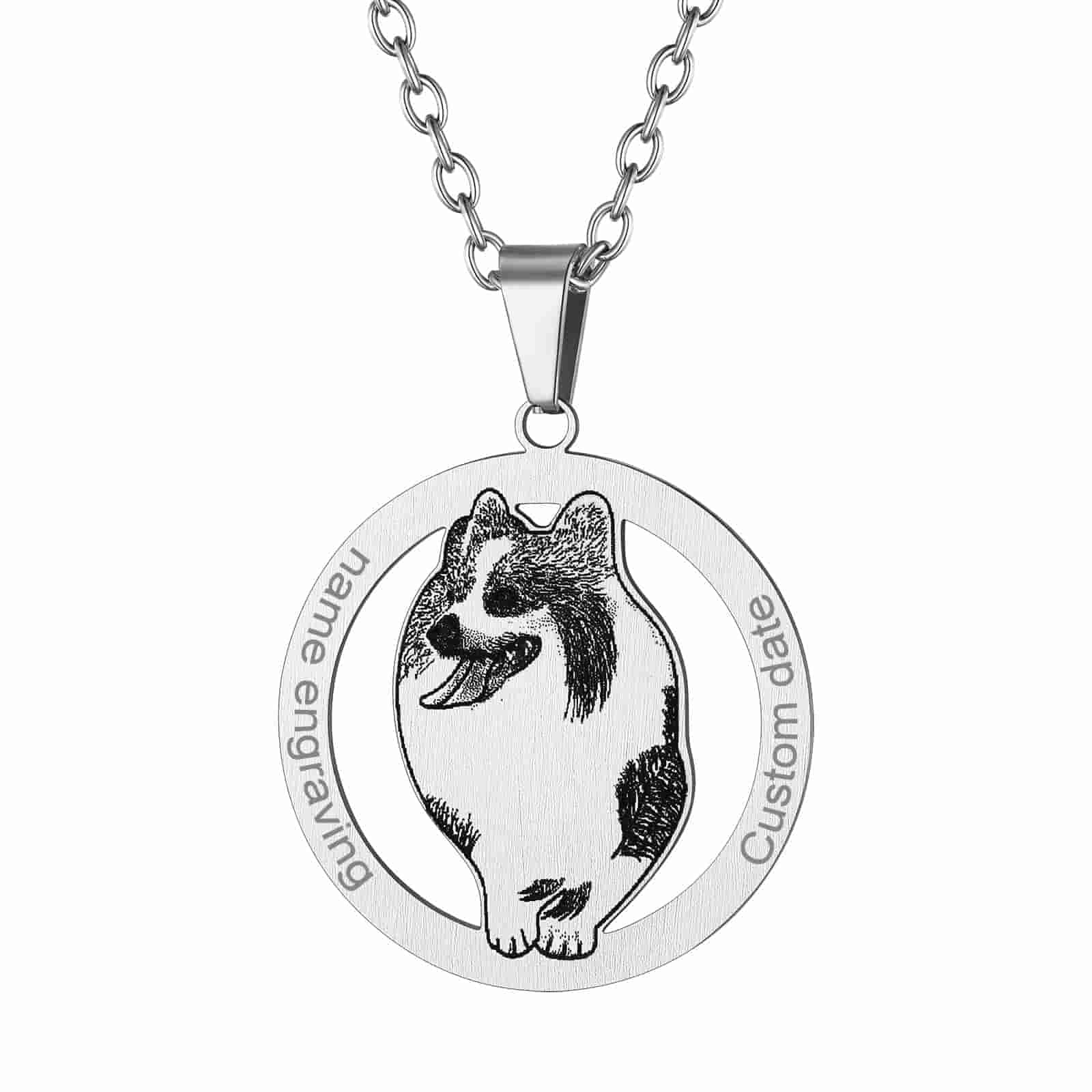 Custom4U Round Pet Portrait Necklace with Name Steel