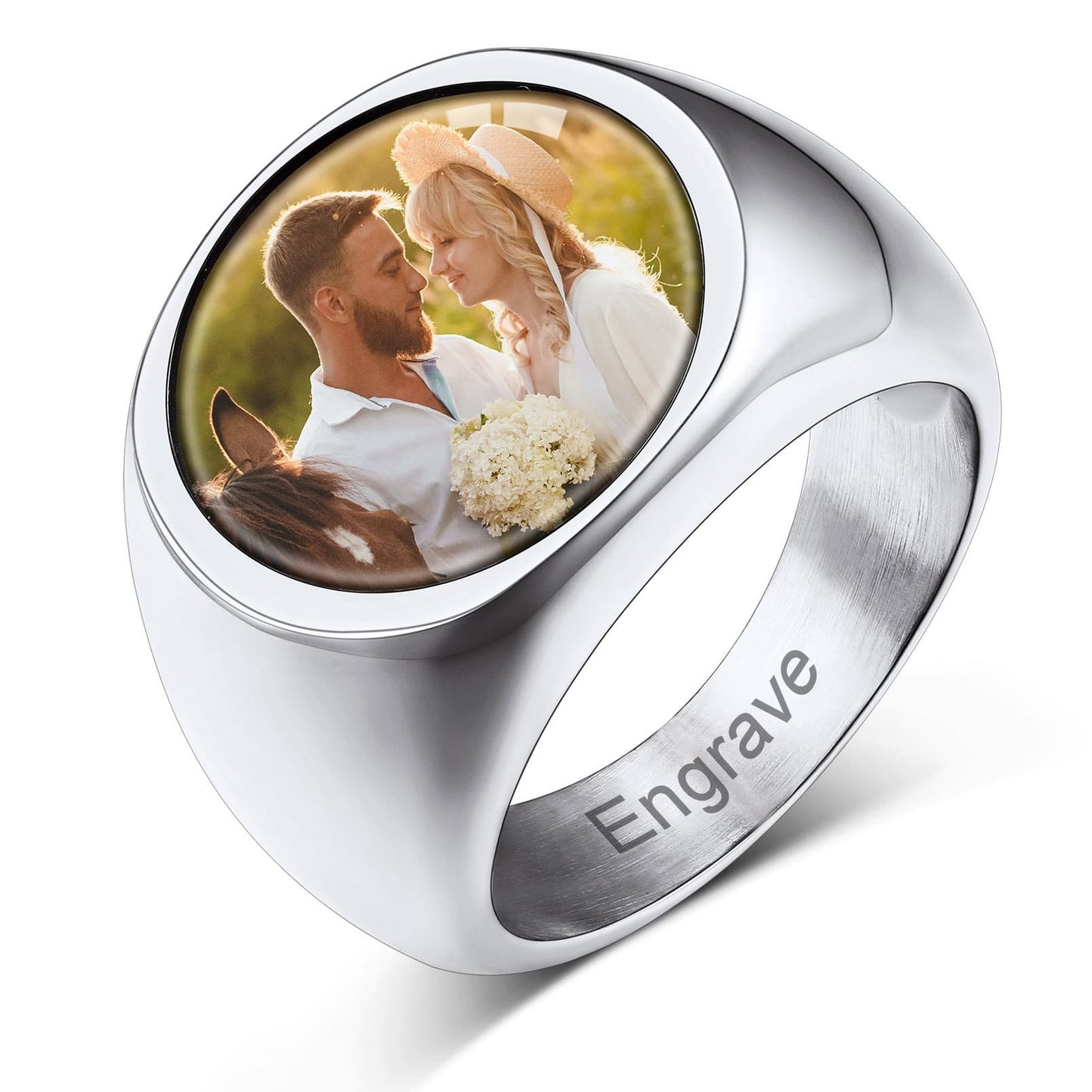 Custom4U Signet Ring with Photo Steel