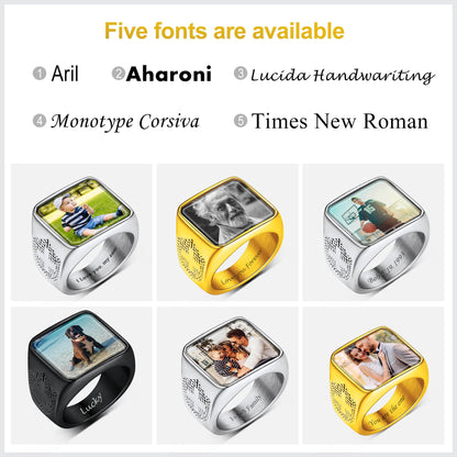 Custom4U Square Signet Picture Ring with Cross 5 Font Available