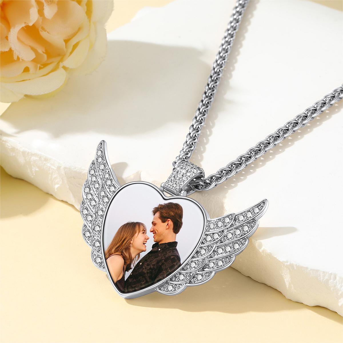 Custom4U Steel Cubic Zirconia Heart Angel Wings Picture Necklace