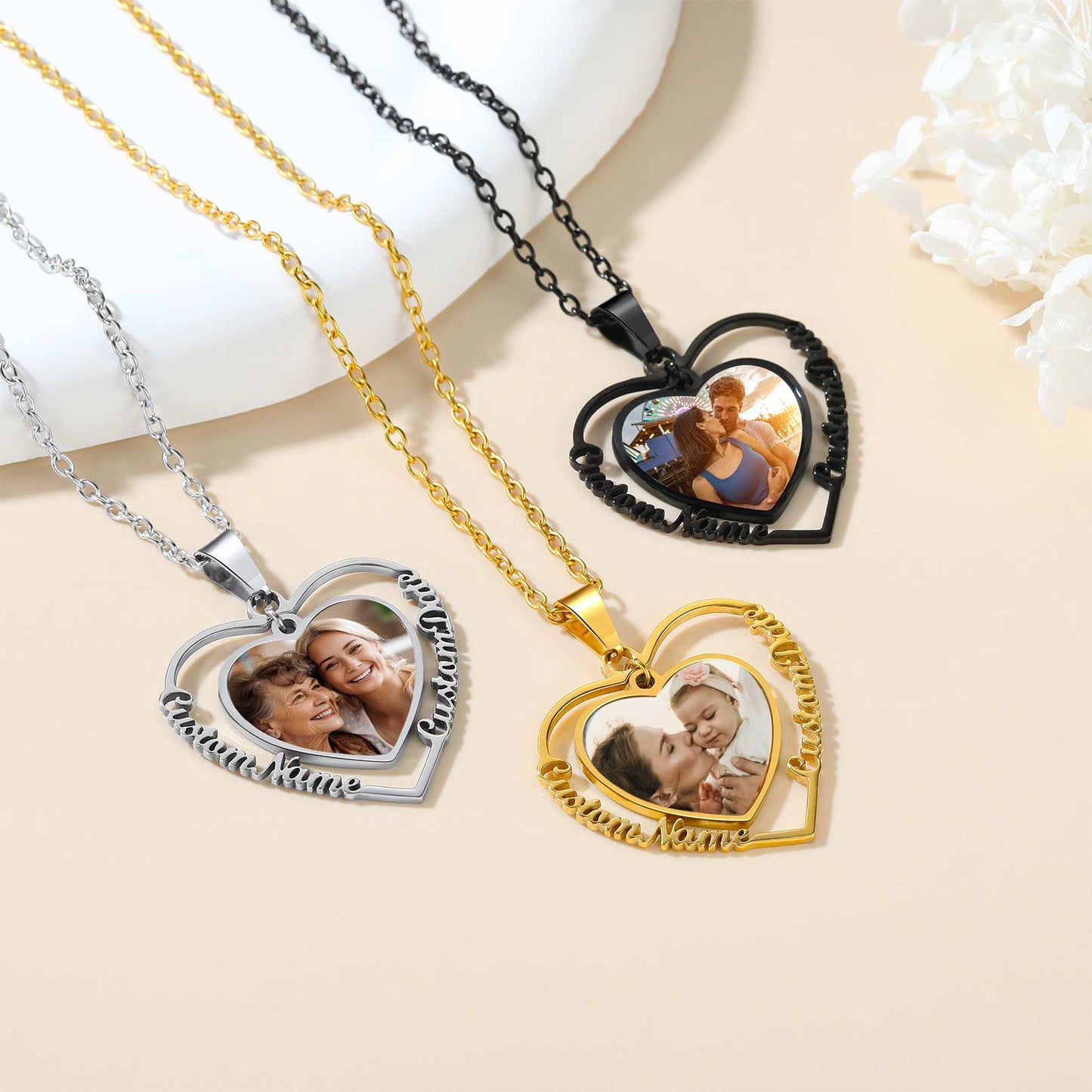 Custom4U Personalized Name Heart Photo Necklace For Mom
