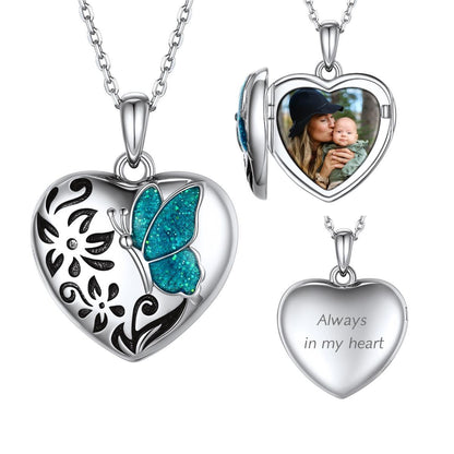 Custom4U Sterling Silver Butterfly Heart Locket Picture Necklace