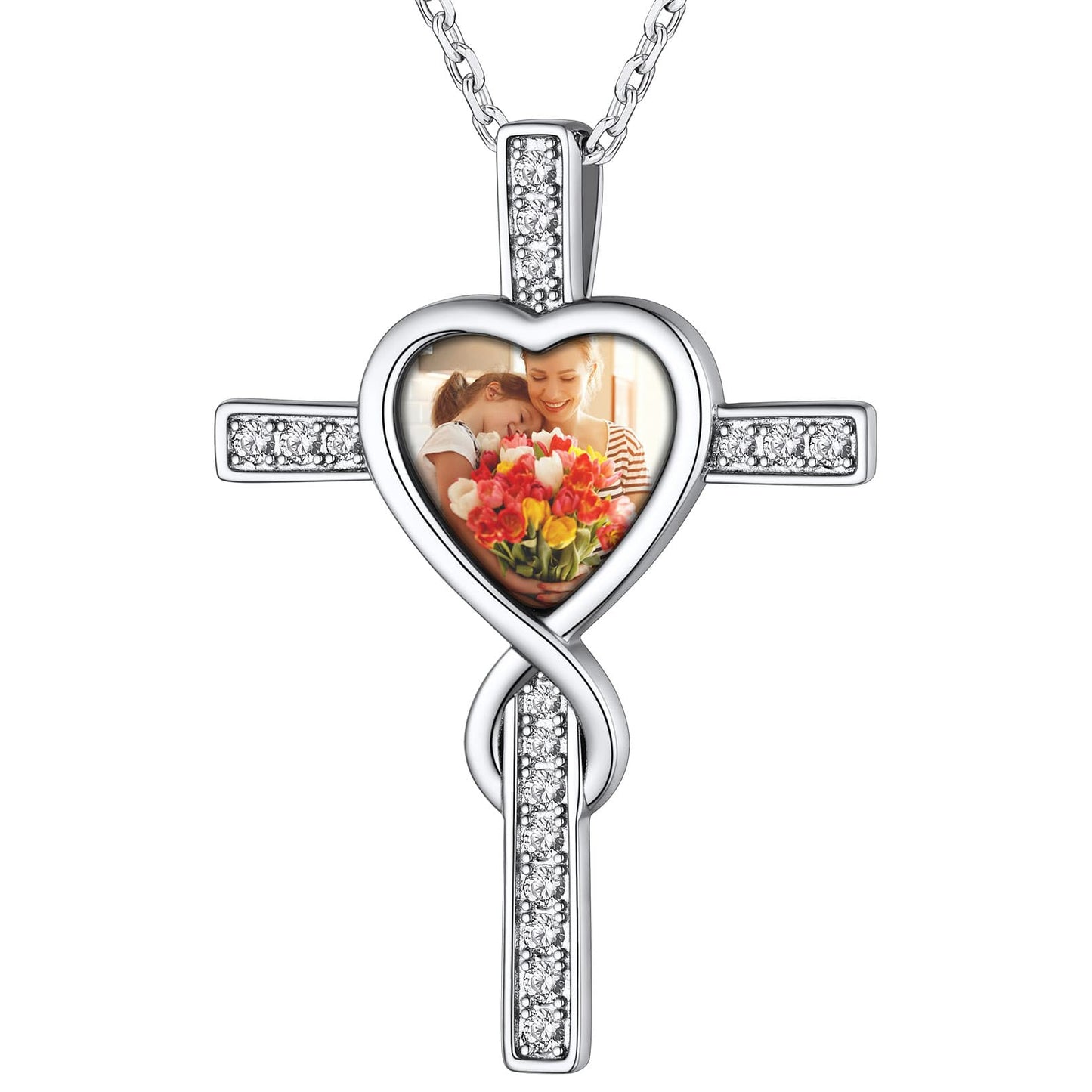Custom4U Sterling Silver Cross Infinity Photo Necklace