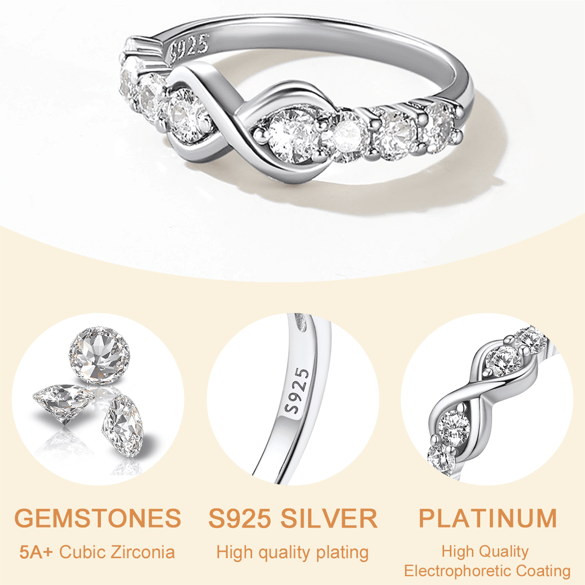 Custom4U Sterling Silver Infinity CZ Promise Ring Detail
