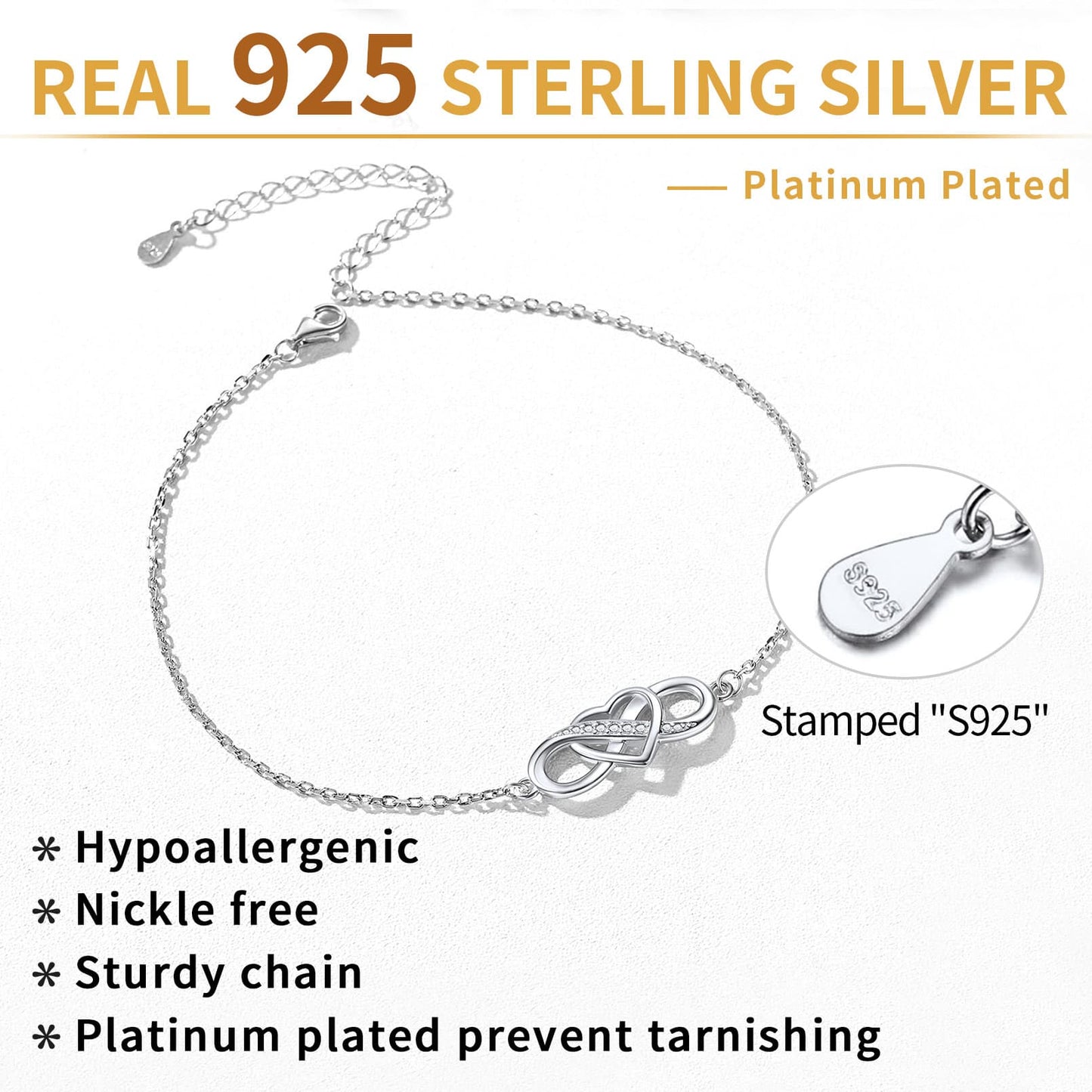 Custom4U Sterling Silver Infinity Heart Anklet Detail