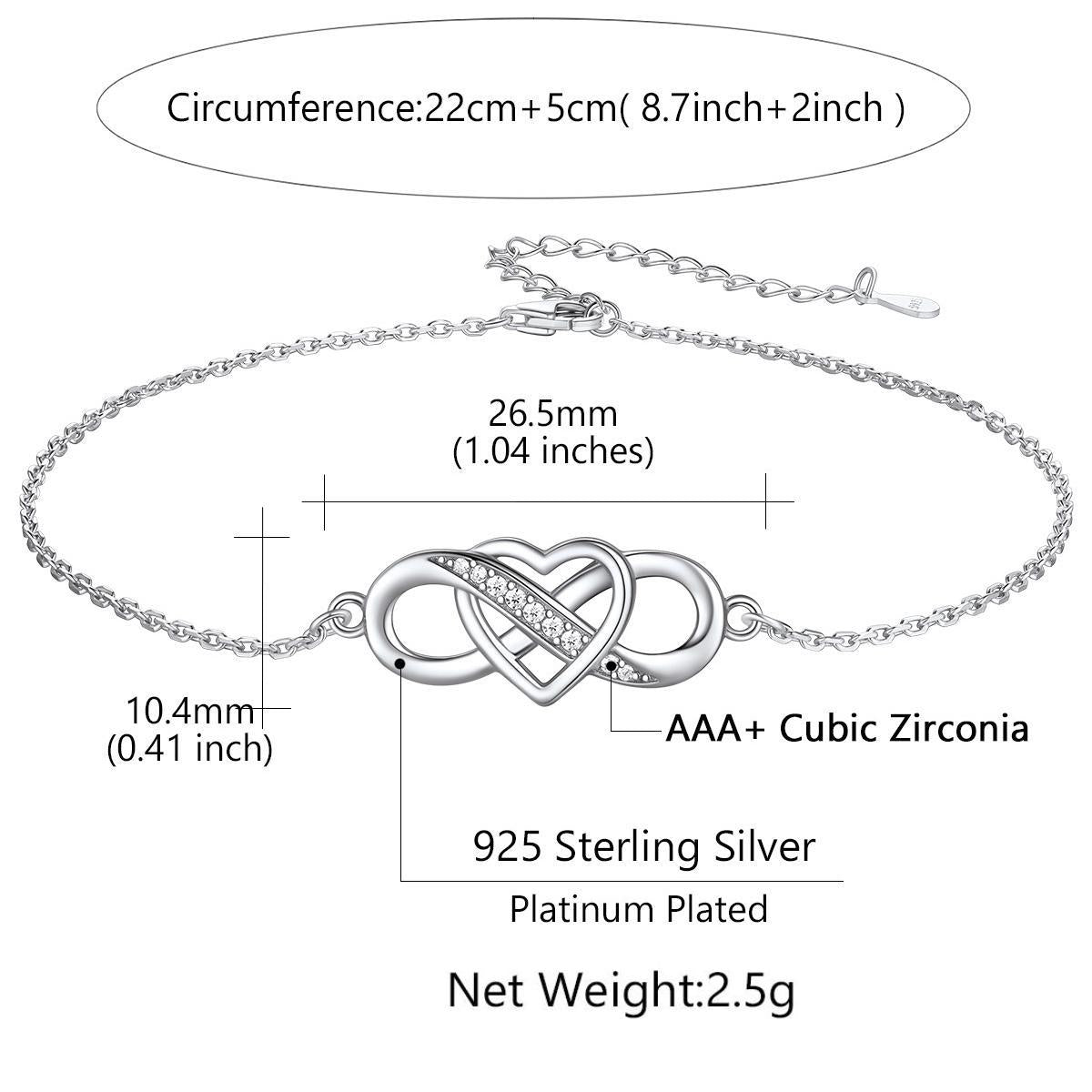 Custom4U Sterling Silver Infinity Heart Anklet Size
