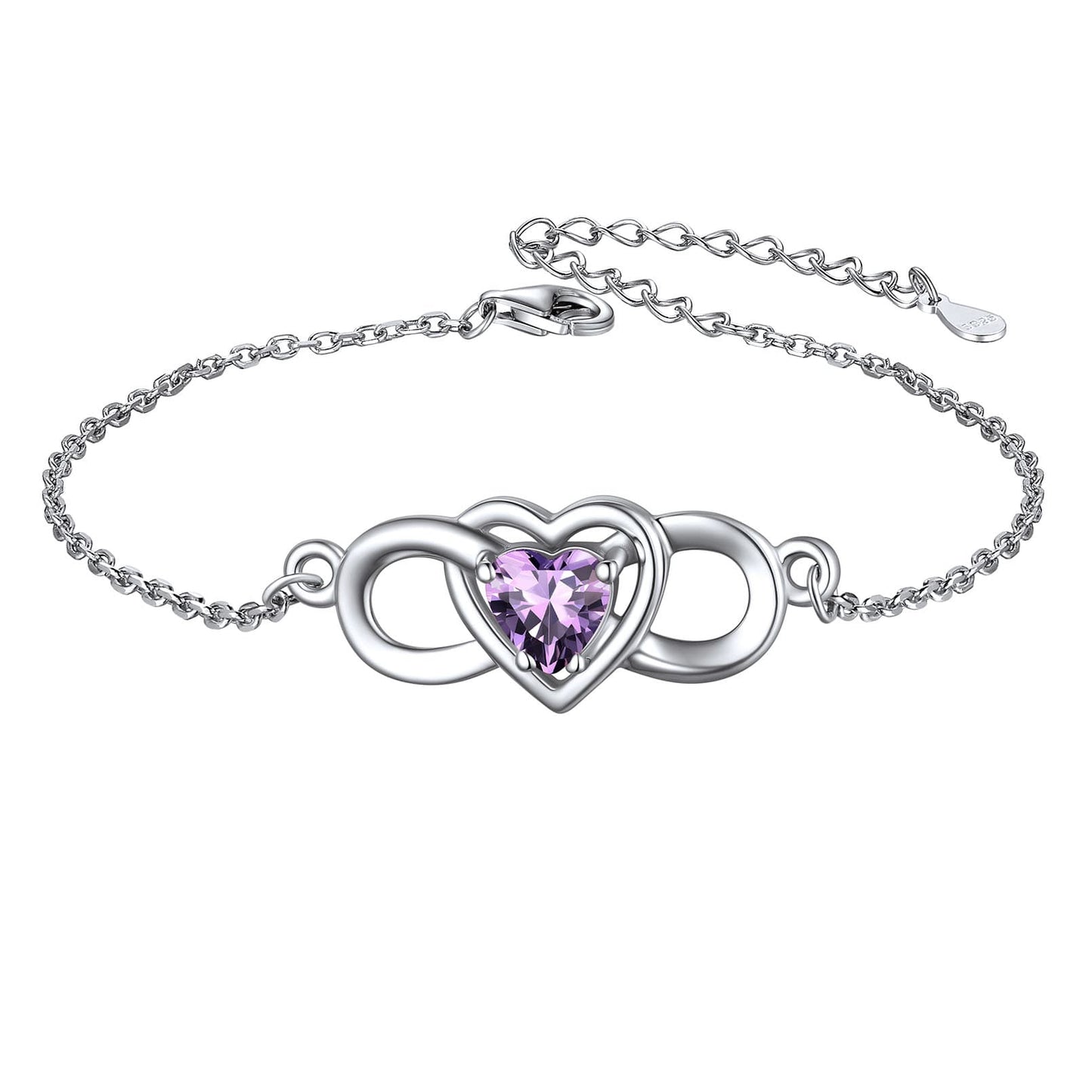 Custom4U Sterling Silver Infinity Heart Birthstone Bracelet Feb.
