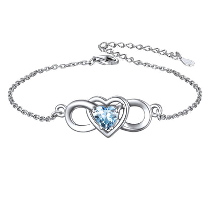 Custom4U Sterling Silver Infinity Heart Birthstone Bracelet Mar.