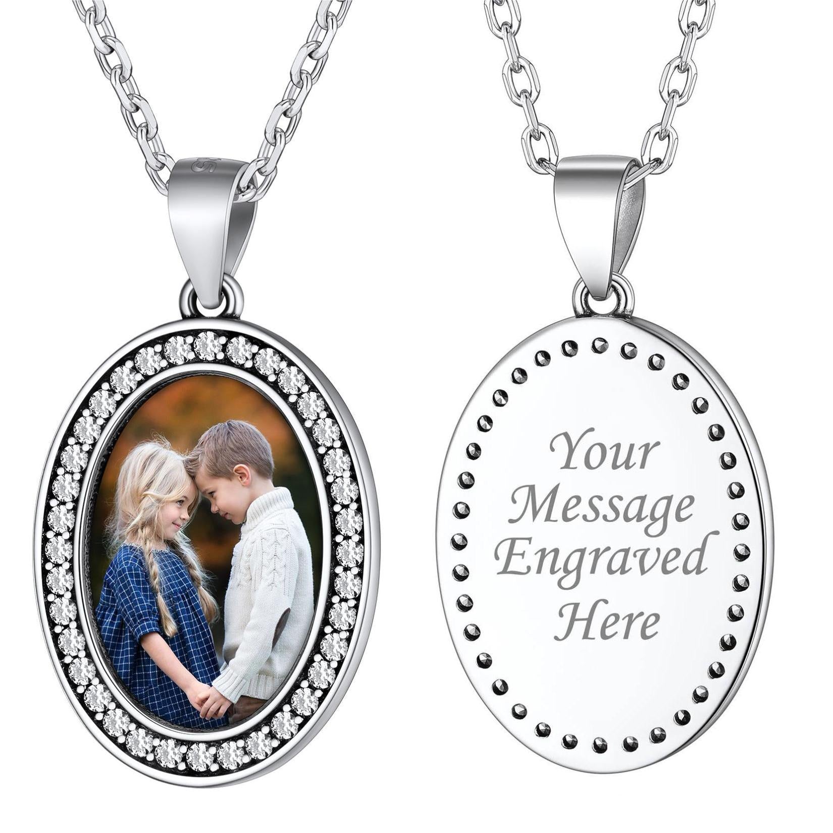 Custom4U Sterling Silver Oval Halo Photo Necklace