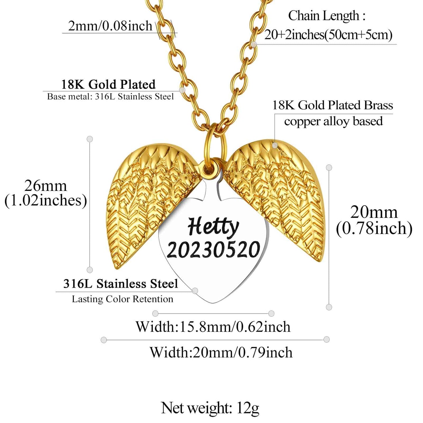 Custom4u Angel Wings Locket Necklace Size