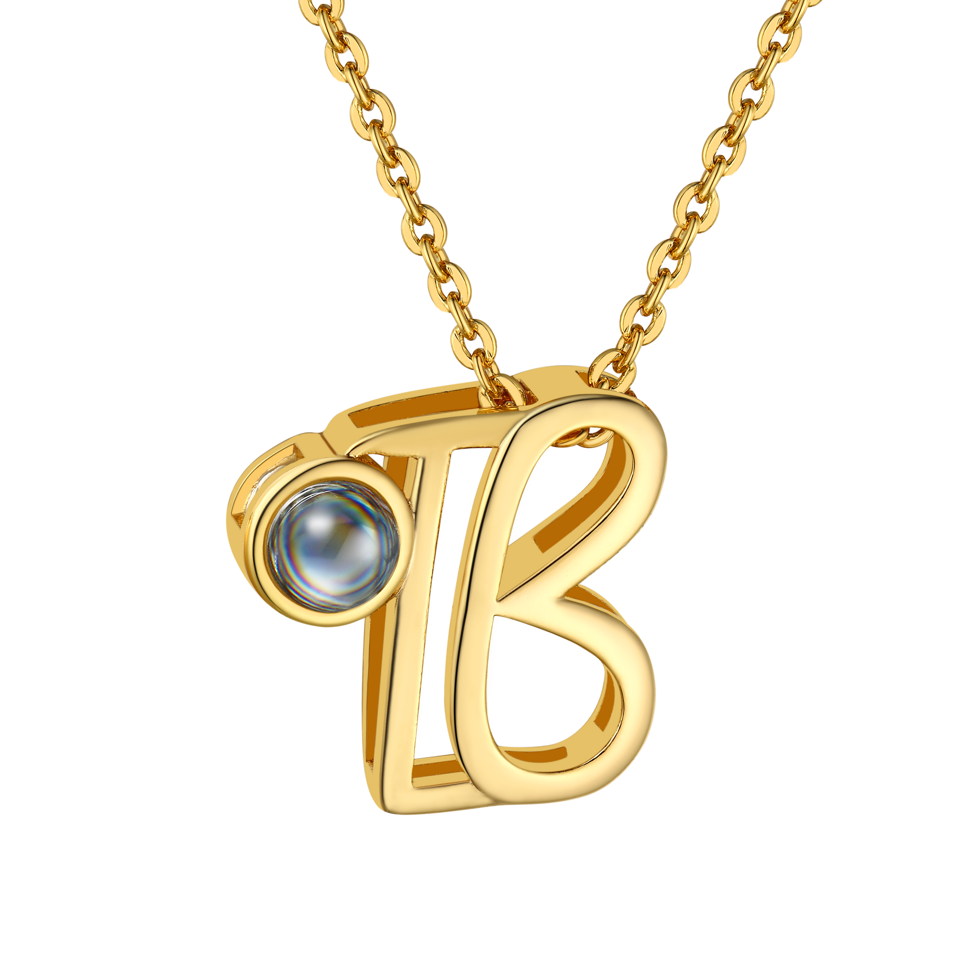 B Letter Gold Plated Photo Initial Necklace