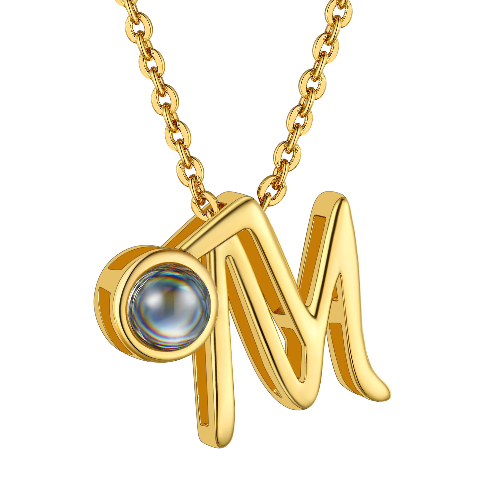 M Letter Gold Plated Photo Initial Necklace