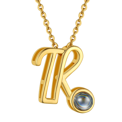 R Letter Gold Plated Photo Initial Necklace