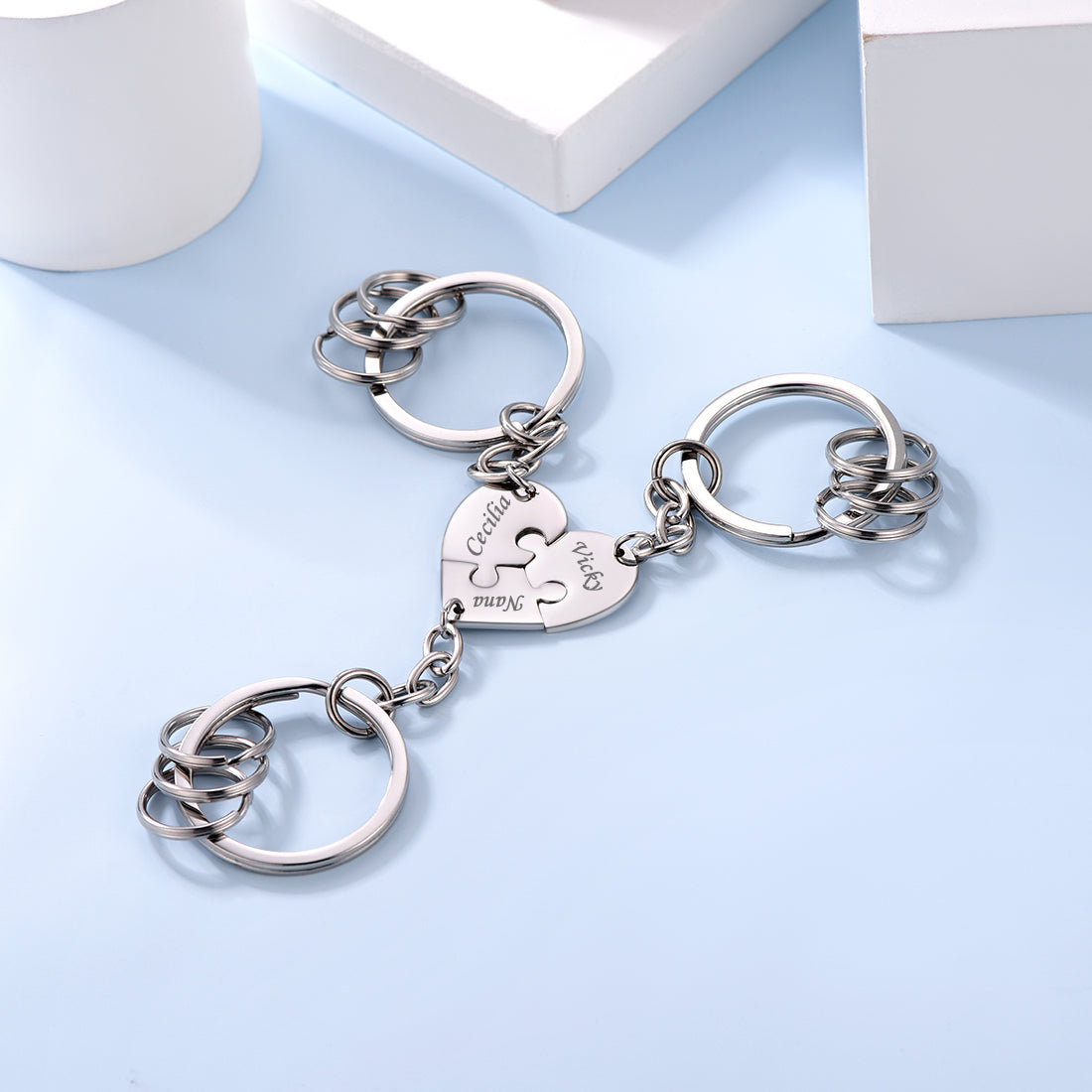 Custom4U Steel Name Engraved Heart Puzzle Keychains Set