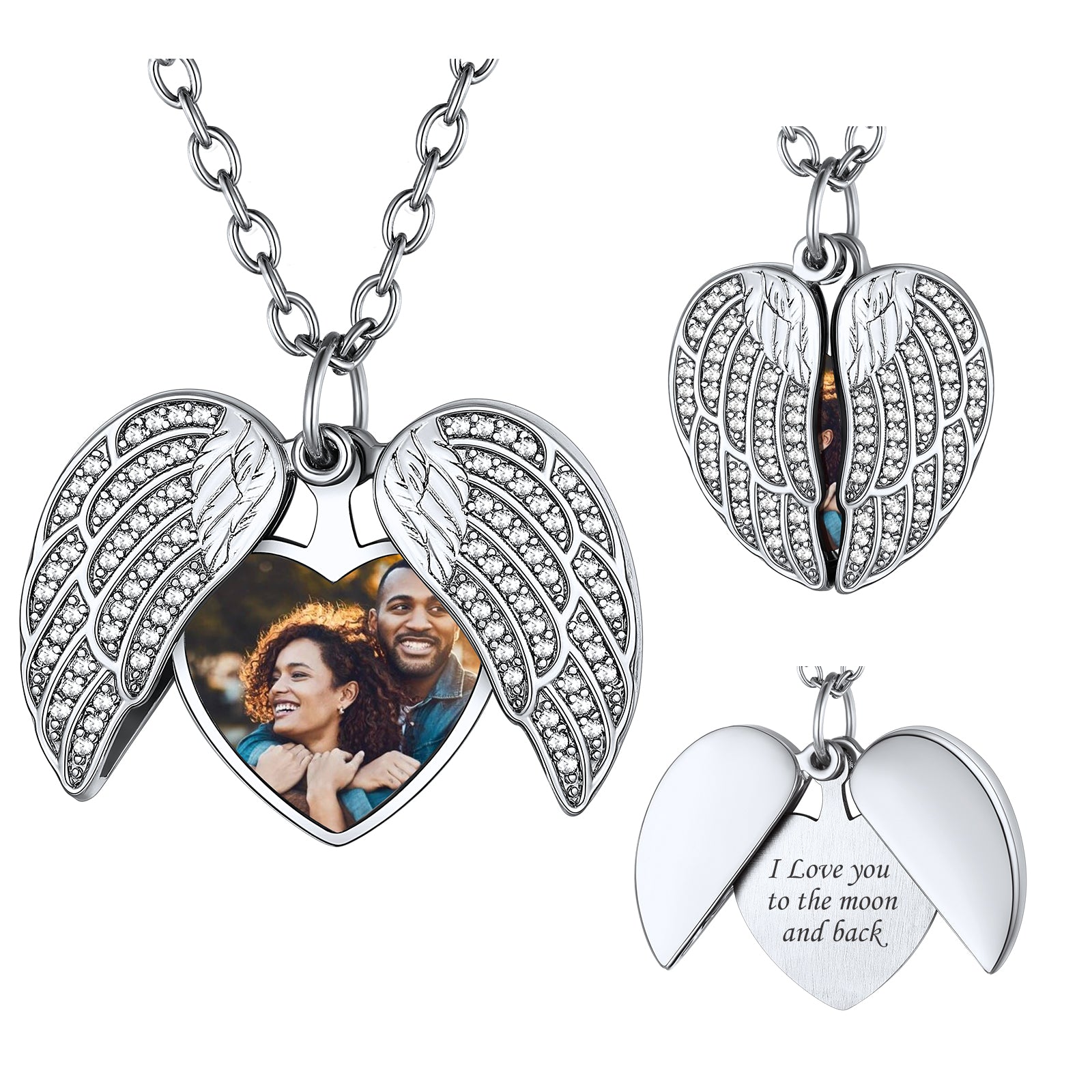 Custom4U Personalized Angel Wings Heart Locket Necklace with Picture For Women Silver