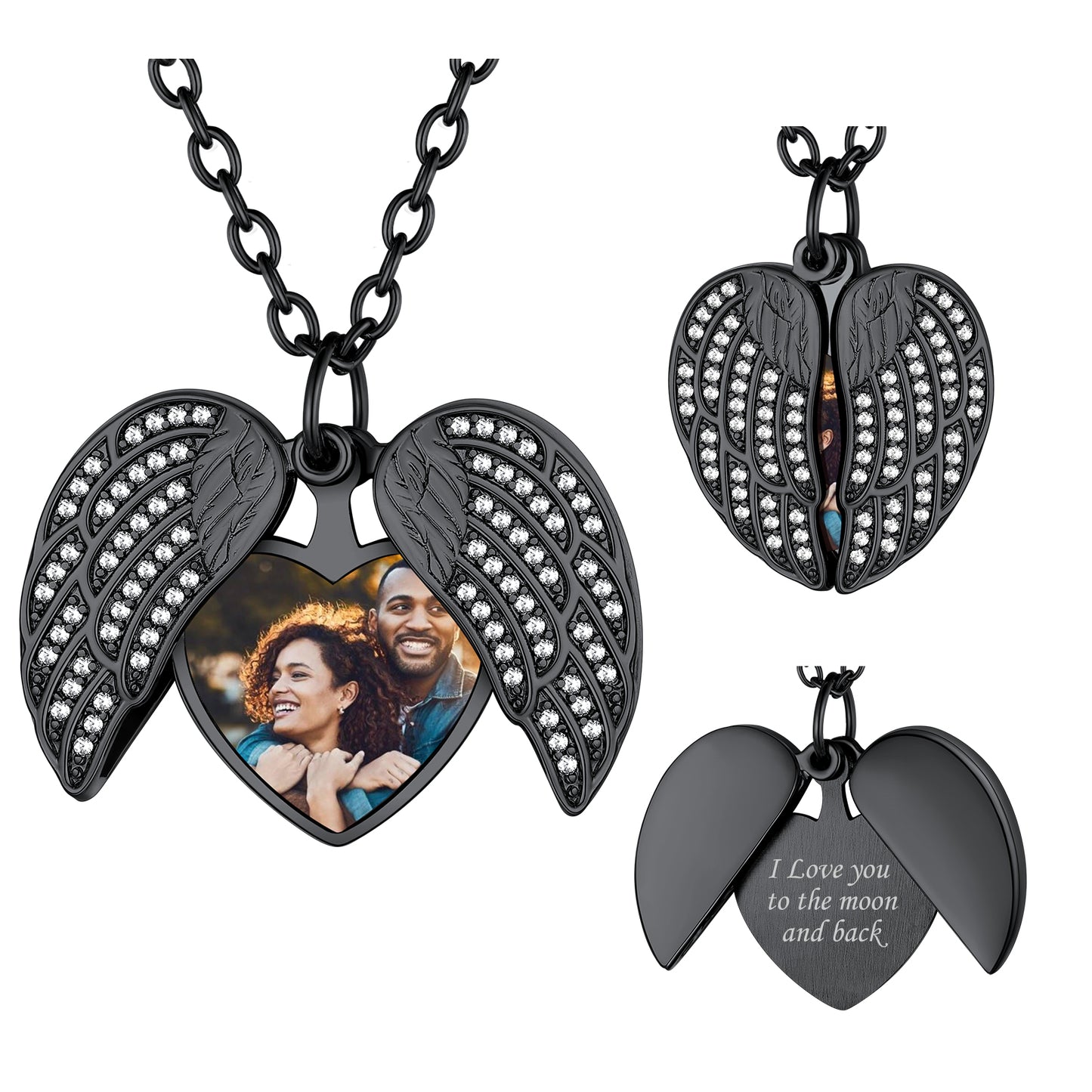 Custom4U Personalized Angel Wings Heart Locket Necklace with Picture For Women Black