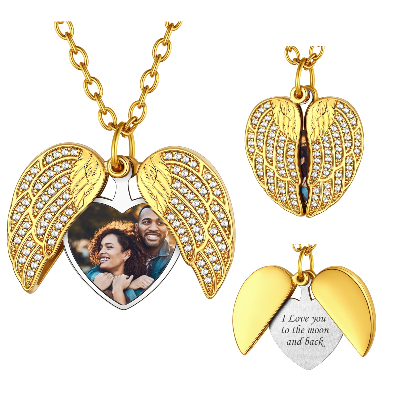 Custom4U Personalized Angel Wings Heart Locket Necklace with Picture For Women