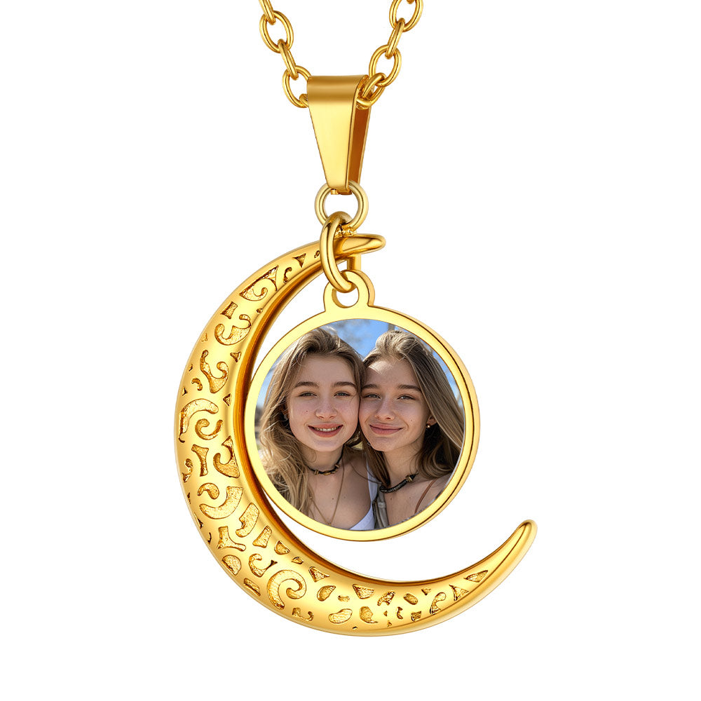 Custom4U Personalized Crecent Moon Photo Necklace for Women Gold